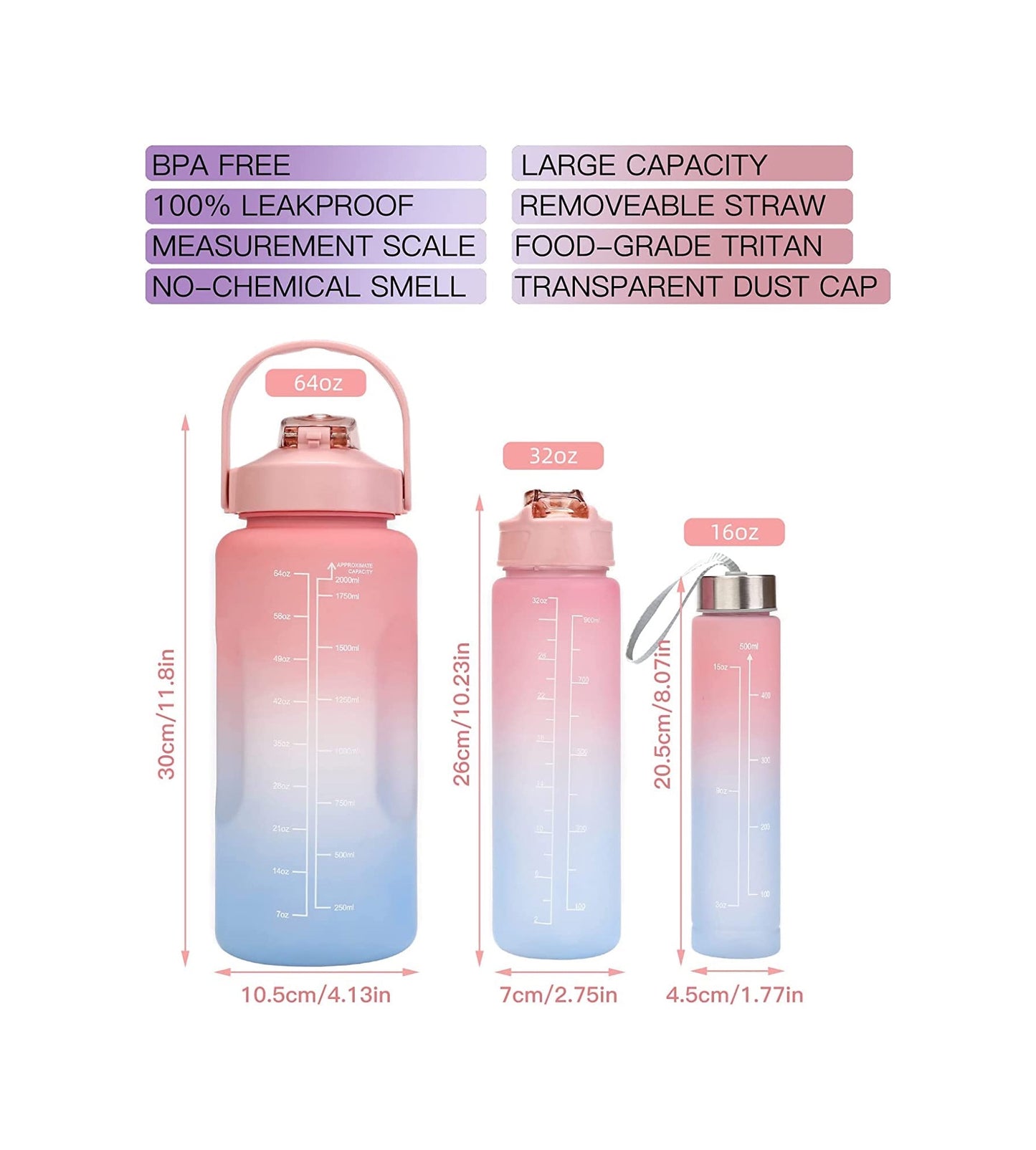 Motivational Water Bottle - 3 pc Set